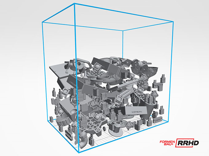 Konzeptdarstellung eines komplexen 3D-Druckprojekts innerhalb eines transparenten Würfelmodells.